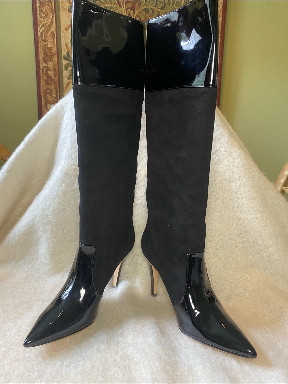 kate spade Black Patent & Suede Knee-High Stiletto Boots Size 10 NWOT